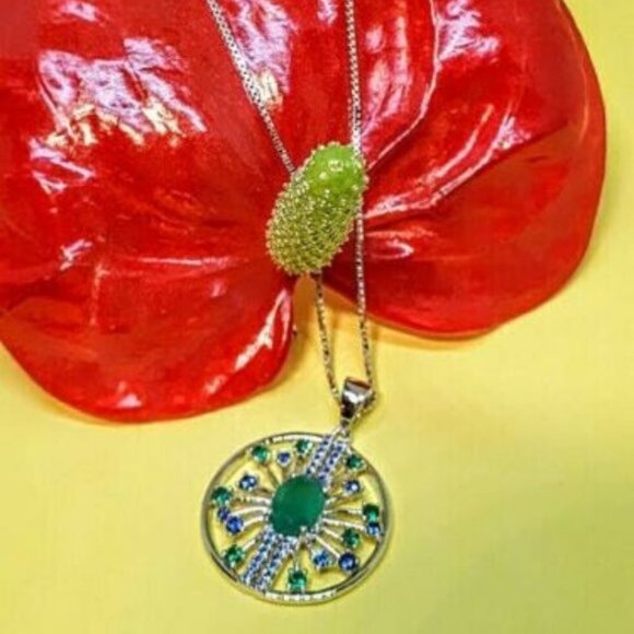 Natural Green Agate & CZ 925 Sterling Silver Necklace - Picture 3 of 7